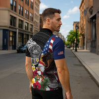 United States and American Samoa Zipper Polo Shirt USA Flag Eagle With Seal Tropical Flowers LT14 - Polynesian Pride