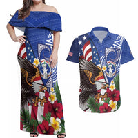 United States and Northern Mariana Islands Couples Matching Off Shoulder Maxi Dress and Hawaiian Shirt USA Flag Eagle CNMI Latte Stone Tropical Flowers LT14 Blue - Polynesian Pride