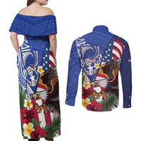 United States and Northern Mariana Islands Couples Matching Off Shoulder Maxi Dress and Long Sleeve Button Shirt USA Flag Eagle CNMI Latte Stone Tropical Flowers LT14 - Polynesian Pride