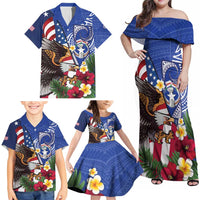United States and Northern Mariana Islands Family Matching Off Shoulder Maxi Dress and Hawaiian Shirt USA Flag Eagle CNMI Latte Stone Tropical Flowers LT14 - Polynesian Pride