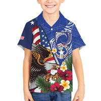 United States and Northern Mariana Islands Family Matching Off Shoulder Short Dress and Hawaiian Shirt USA Flag Eagle CNMI Latte Stone Tropical Flowers LT14 Son's Shirt Blue - Polynesian Pride