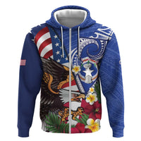 United States and Northern Mariana Islands Hoodie USA Flag Eagle CNMI Latte Stone Tropical Flowers LT14 Zip Hoodie Blue - Polynesian Pride