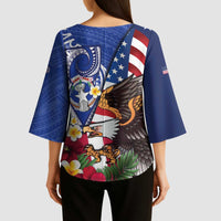 United States and Northern Mariana Islands Kimono Sleeve Blouse USA Flag Eagle CNMI Latte Stone Tropical Flowers LT14 - Polynesian Pride
