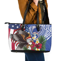 United States and Northern Mariana Islands Leather Tote Bag USA Flag Eagle CNMI Latte Stone Tropical Flowers LT14 - Polynesian Pride