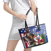 United States and Northern Mariana Islands Leather Tote Bag USA Flag Eagle CNMI Latte Stone Tropical Flowers LT14 - Polynesian Pride