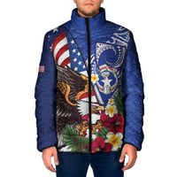 United States and Northern Mariana Islands Padded Jacket USA Flag Eagle CNMI Latte Stone Tropical Flowers LT14 Men Blue - Polynesian Pride