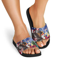 United States and Northern Mariana Islands Slide Sandals USA Flag Eagle CNMI Latte Stone Tropical Flowers LT14 - Polynesian Pride