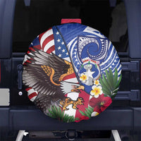 United States and Northern Mariana Islands Spare Tire Cover USA Flag Eagle CNMI Latte Stone Tropical Flowers LT14 No hole Blue - Polynesian Pride