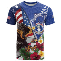 United States and Northern Mariana Islands T Shirt USA Flag Eagle CNMI Latte Stone Tropical Flowers LT14 Blue - Polynesian Pride