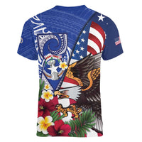 United States and Northern Mariana Islands Women V-Neck T-Shirt USA Flag Eagle CNMI Latte Stone Tropical Flowers LT14 - Polynesian Pride