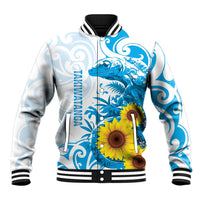 New Zealand Autism Awareness Month Baseball Jacket Takiwatanga Maori Lizard With Sunflower LT14 Unisex Blue - Polynesian Pride