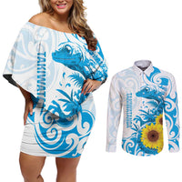 New Zealand Autism Awareness Month Couples Matching Off Shoulder Short Dress and Long Sleeve Button Shirt Takiwatanga Maori Lizard With Sunflower LT14 Blue - Polynesian Pride