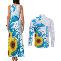 New Zealand Autism Awareness Month Couples Matching Tank Maxi Dress and Long Sleeve Button Shirt Takiwatanga Maori Lizard With Sunflower LT14 - Polynesian Pride