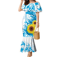 New Zealand Autism Awareness Month Family Matching Mermaid Dress and Hawaiian Shirt Takiwatanga Maori Lizard With Sunflower LT14 Mom's Dress Blue - Polynesian Pride