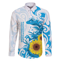 New Zealand Autism Awareness Month Family Matching Off The Shoulder Long Sleeve Dress and Hawaiian Shirt Takiwatanga Maori Lizard With Sunflower LT14 Dad's Shirt - Long Sleeve Blue - Polynesian Pride