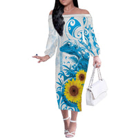 New Zealand Autism Awareness Month Family Matching Off The Shoulder Long Sleeve Dress and Hawaiian Shirt Takiwatanga Maori Lizard With Sunflower LT14 Mom's Dress Blue - Polynesian Pride