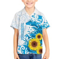 New Zealand Autism Awareness Month Family Matching Off The Shoulder Long Sleeve Dress and Hawaiian Shirt Takiwatanga Maori Lizard With Sunflower LT14 Son's Shirt Blue - Polynesian Pride