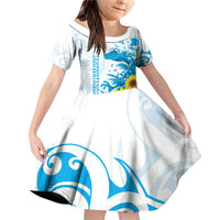 New Zealand Autism Awareness Month Family Matching Off Shoulder Short Dress and Hawaiian Shirt Takiwatanga Maori Lizard With Sunflower LT14 Daughter's Dress Blue - Polynesian Pride
