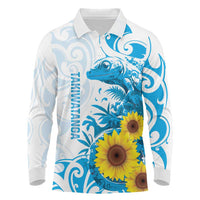 New Zealand Autism Awareness Month Long Sleeve Polo Shirt Takiwatanga Maori Lizard With Sunflower LT14 Blue - Polynesian Pride