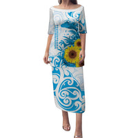 New Zealand Autism Awareness Month Puletasi Takiwatanga Maori Lizard With Sunflower LT14 Long Dress Blue - Polynesian Pride