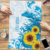 New Zealand Autism Awareness Month Puzzle Takiwatanga Maori Lizard With Sunflower LT14 Blue - Polynesian Pride