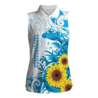 New Zealand Autism Awareness Month Women Sleeveless Polo Shirt Takiwatanga Maori Lizard With Sunflower LT14 Female Blue - Polynesian Pride