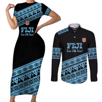 Fiji Rugby 2025 Custom Couples Matching Short Sleeve Bodycon Dress and Long Sleeve Button Shirt Fijian Tapa Toso Viti Toso - Black