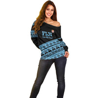 Fiji Rugby 2025 Custom Off Shoulder Sweater Fijian Tapa Toso Viti Toso - Black LT14 - Polynesian Pride