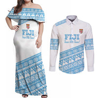 Fiji Rugby 2025 Custom Couples Matching Off Shoulder Maxi Dress and Long Sleeve Button Shirt Fijian Tapa Toso Viti Toso - White LT14 White - Polynesian Pride