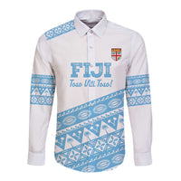 Fiji Rugby 2025 Custom Long Sleeve Button Shirt Fijian Tapa Toso Viti Toso - White