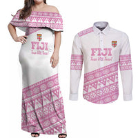 Fiji Rugby 2025 Custom Couples Matching Off Shoulder Maxi Dress and Long Sleeve Button Shirt Fijian Tapa Toso Viti Toso - Pink LT14 Pink - Polynesian Pride