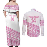 Fiji Rugby 2025 Custom Couples Matching Off Shoulder Maxi Dress and Long Sleeve Button Shirt Fijian Tapa Toso Viti Toso - Pink LT14 - Polynesian Pride