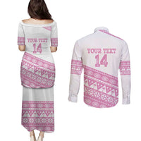 Fiji Rugby 2025 Custom Couples Matching Puletasi and Long Sleeve Button Shirt Fijian Tapa Toso Viti Toso - Pink
