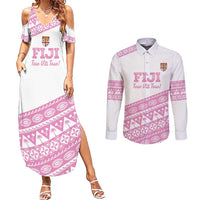 Fiji Rugby 2025 Custom Couples Matching Summer Maxi Dress and Long Sleeve Button Shirt Fijian Tapa Toso Viti Toso - Pink