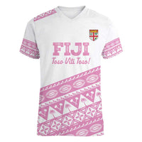 Fiji Rugby 2025 Custom Women V-Neck T-Shirt Fijian Tapa Toso Viti Toso - Pink LT14 Female Pink - Polynesian Pride