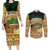 Bula Fiji Kava Bowl Couples Matching Long Sleeve Bodycon Dress and Long Sleeve Button Shirt Fijian Tapa Cloth Vintage Vibe LT14 Brown - Polynesian Pride