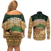 Bula Fiji Kava Bowl Couples Matching Off Shoulder Short Dress and Long Sleeve Button Shirt Fijian Tapa Cloth Vintage Vibe LT14 - Polynesian Pride