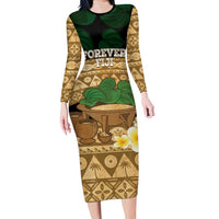 Bula Fiji Kava Bowl Family Matching Long Sleeve Bodycon Dress and Hawaiian Shirt Fijian Tapa Cloth Vintage Vibe LT14 Mom's Dress Brown - Polynesian Pride