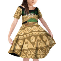 Bula Fiji Kava Bowl Family Matching Off Shoulder Short Dress and Hawaiian Shirt Fijian Tapa Cloth Vintage Vibe LT14 Daughter's Dress Brown - Polynesian Pride