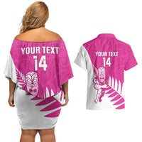 New Zealand Silver Fern Rugby Custom Couples Matching Off Shoulder Short Dress and Hawaiian Shirt Go All Black Maori Pink Version