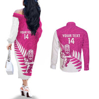 New Zealand Silver Fern Rugby Custom Couples Matching Off The Shoulder Long Sleeve Dress and Long Sleeve Button Shirt Go All Black Maori Pink Version