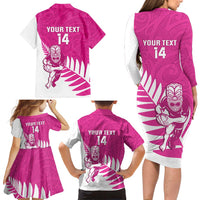New Zealand Silver Fern Rugby Custom Family Matching Long Sleeve Bodycon Dress and Hawaiian Shirt Go All Black Maori Pink Version