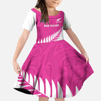 New Zealand Silver Fern Rugby Custom Family Matching Off Shoulder Maxi Dress and Hawaiian Shirt Go All Black Maori Pink Version LT14 Daughter's Dress Pink - Polynesian Pride