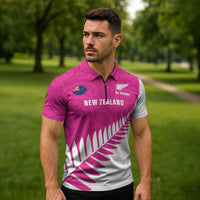 New Zealand Silver Fern Rugby Custom Zipper Polo Shirt Go All Black Maori Pink Version LT14 - Polynesian Pride