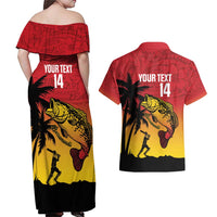 Custom Papua New Guinea Cricket Couples Matching Off Shoulder Maxi Dress and Hawaiian Shirt PNG Barramundis LT14 - Polynesian Pride