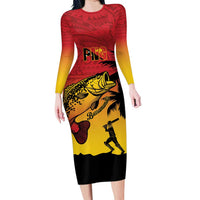 Custom Papua New Guinea Cricket Long Sleeve Bodycon Dress PNG Barramundis LT14 Long Dress Red - Polynesian Pride