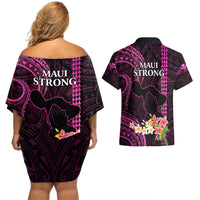Hawaii Couples Matching Off Shoulder Short Dress and Hawaiian Shirt Pray For Maui Hawaiian Plumeria Be Strong Pink Verison LT14 - Polynesian Pride
