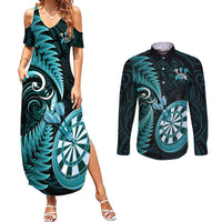 New Zealand Darts Couples Matching Summer Maxi Dress and Long Sleeve Button Shirts Happiness Is A Tight Threesome Maori Turquoise LT14 Turquoise - Polynesian Pride
