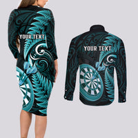 Personalised New Zealand Darts Couples Matching Long Sleeve Bodycon Dress and Long Sleeve Button Shirts Happiness Is A Tight Threesome Maori Turquoise LT14 - Polynesian Pride