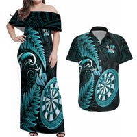 Personalised New Zealand Darts Couples Matching Off Shoulder Maxi Dress and Hawaiian Shirt Happiness Is A Tight Threesome Maori Turquoise LT14 Turquoise - Polynesian Pride